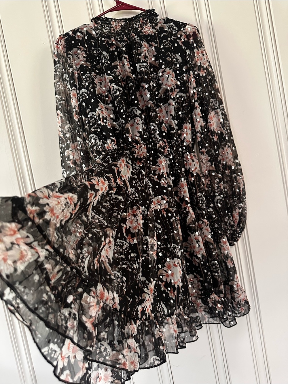 O.P.T Floral Black Mini Dress with Silver Dots that glimmer in the light - Picture 5 of 9